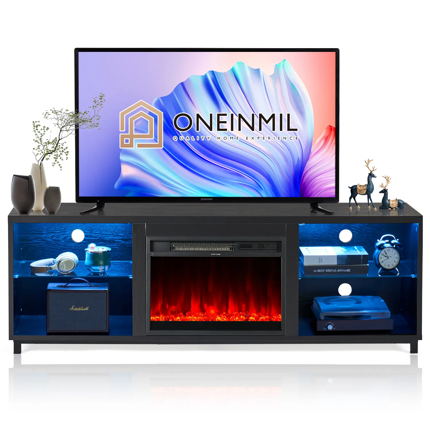 Soporte de TV para chimenea LED moderno de 68 pulgadas, estantes de vidrio ajustables para televisores de hasta 78 ", Panel de madera negro para el hogar, sala de estar y dormitorio