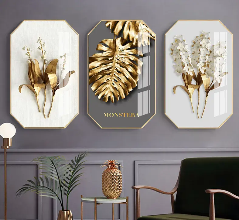 Abstract Golden Leaf 3 Piece Crystal Porcelain Painting Poster Painting Decorative Picture Nordic Style Living Room Decor