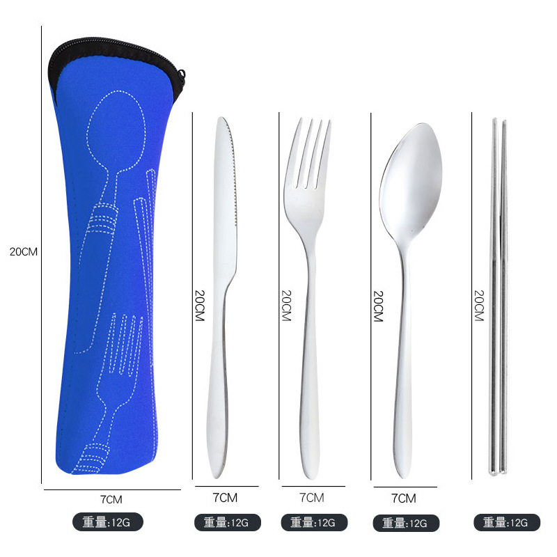 Juego de cuatro piezas de cuchillo, tenedor, cuchara y palillos, color azul