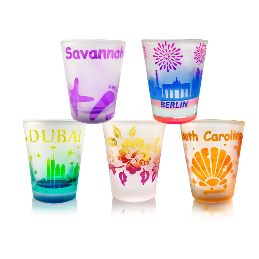 Vaso de chupito de recuerdo de la ciudad, transparente, esmerilado, impreso a color