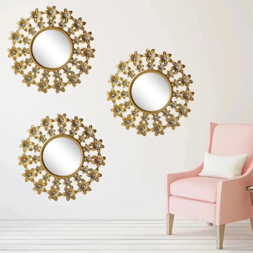 10 인치 벽 마운트 매달려 거울 PVC 골드 미러 장식 벽 꽃 서클 벽 거울
