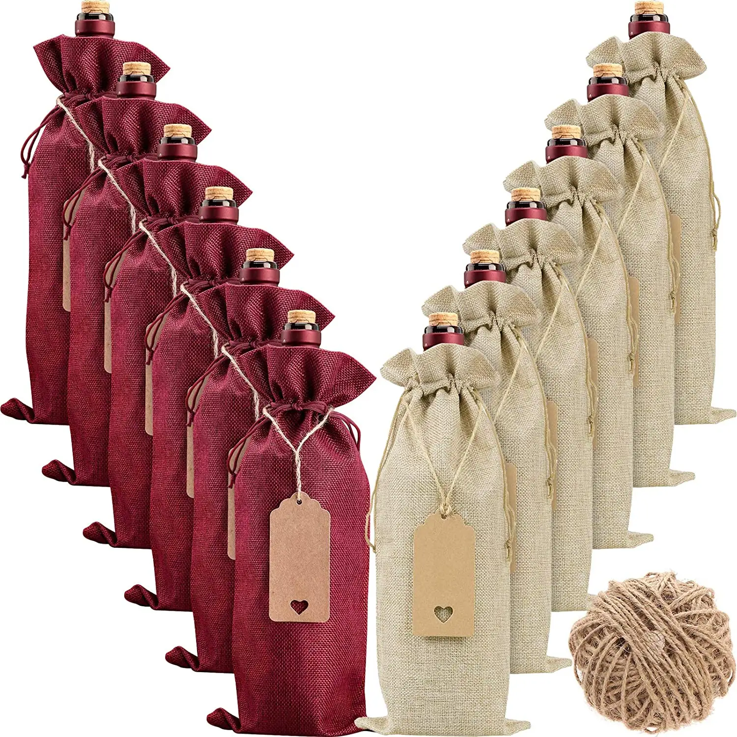 黄麻布ワインギフトバッグドローストリング付きワインボトルバッグタグとロープクリスマスウェディング用の再利用可能なワインボトルカバー