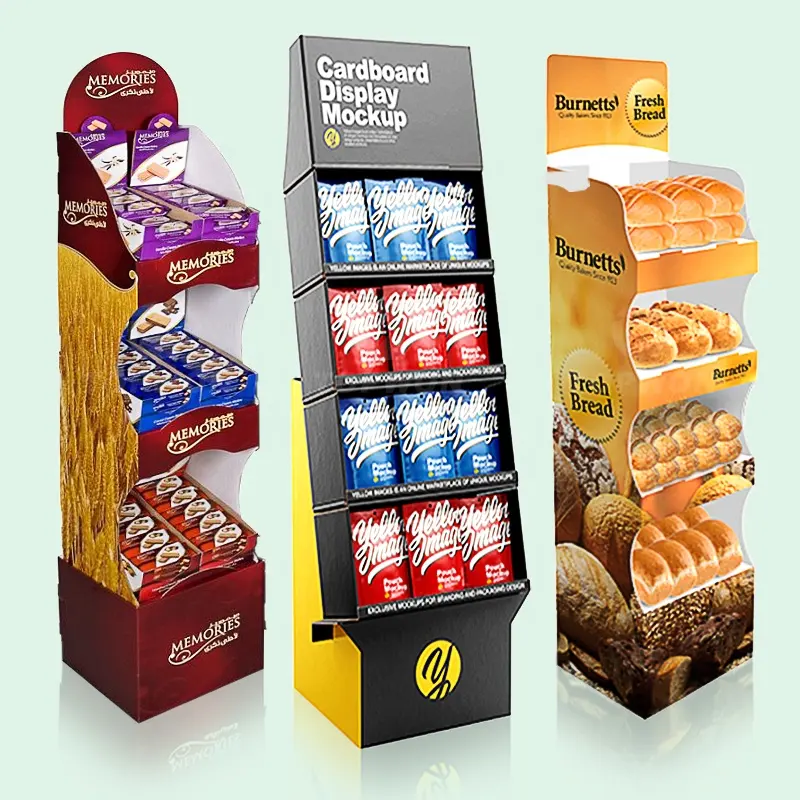 Benutzer definierte Supermarkt Wellpappe Candy Display Stand Snack Food Kaffee Schokolade Brot Chips Nüsse Display Stand