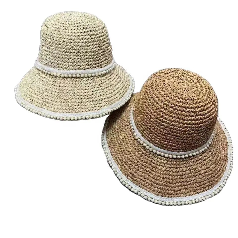 Sombrero de playa con visera para mujer, sombrero de cubo con perla, plegable, tejido a mano