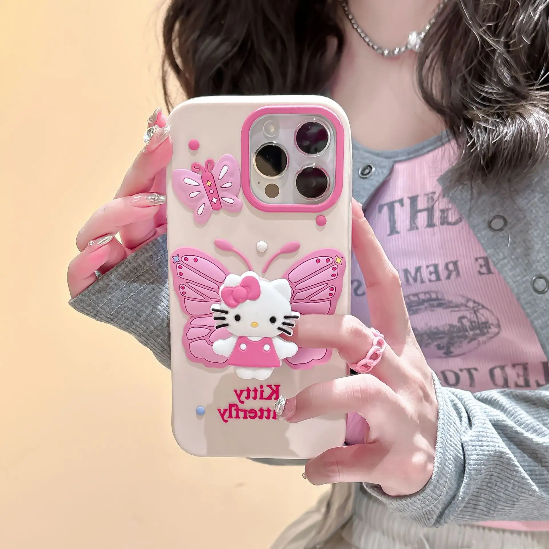 Capa de silicone ideal para o celular iPhone 15 Promax, capa de desenho 3D de borboleta Hello Kitty fofa