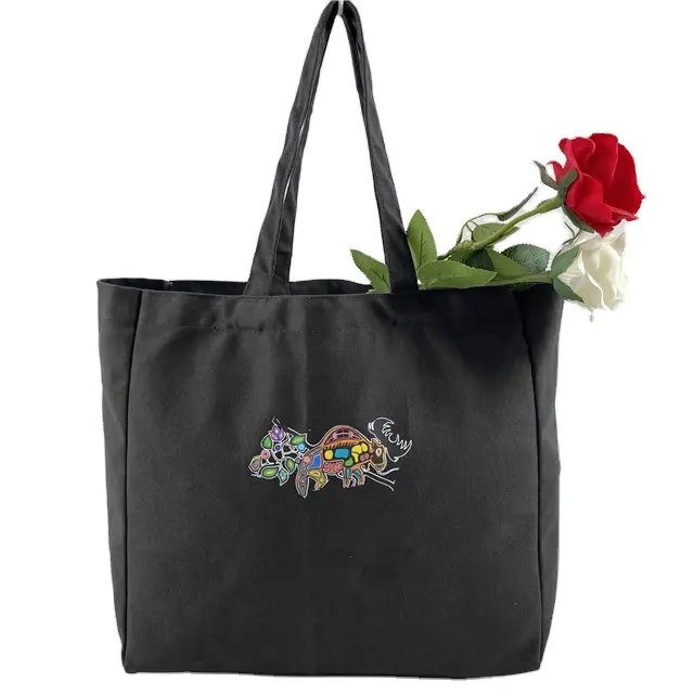 Embroidered customized logo shopping Black canvas tote bag with zipper