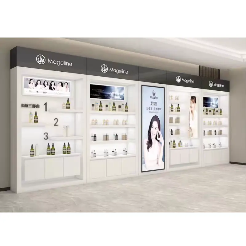 Prateleiras de loja de cosméticos personalizadas de alta qualidade projetam vitrine de maquiagem moderna móveis para loja de cosméticos