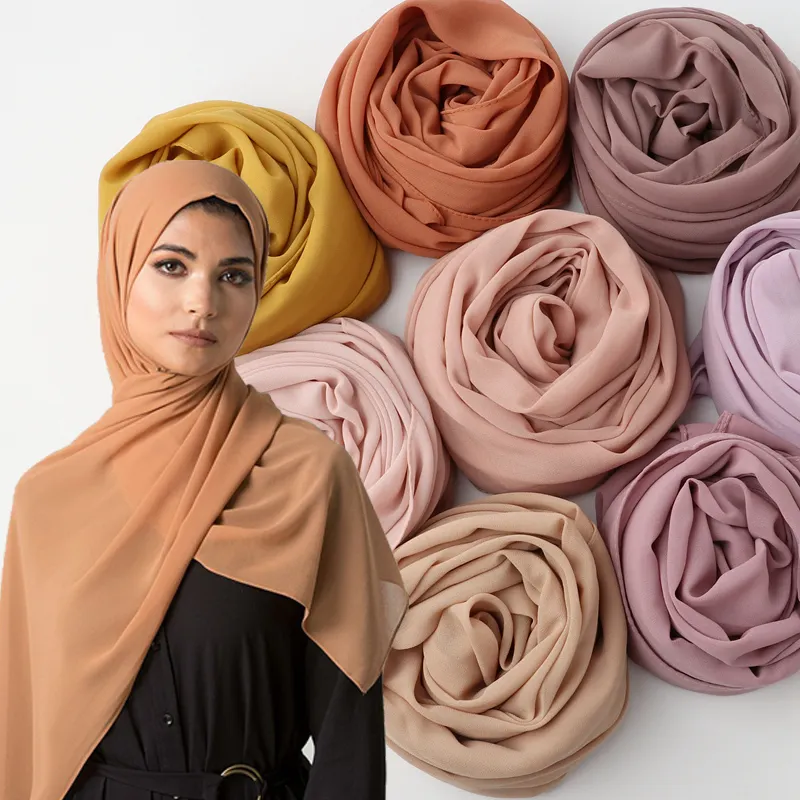 Vendita calda di alta qualità 89 colori donne islam malesia georgette sciarpa elegante hijab musulmano solido pianura bolla chiffon hijab