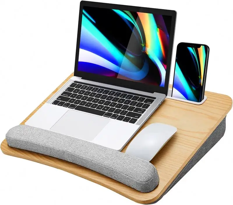 Jumon meja Lap dengan bantal, dudukan Laptop bambu portabel dengan Slot untuk Tablet telepon meja Laptop ringan