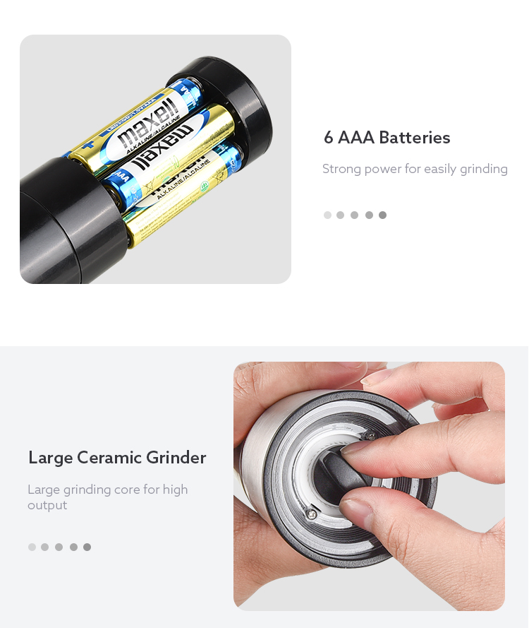 Round salt grinder electric, Good Quality customized stainless steel pepper grind with led