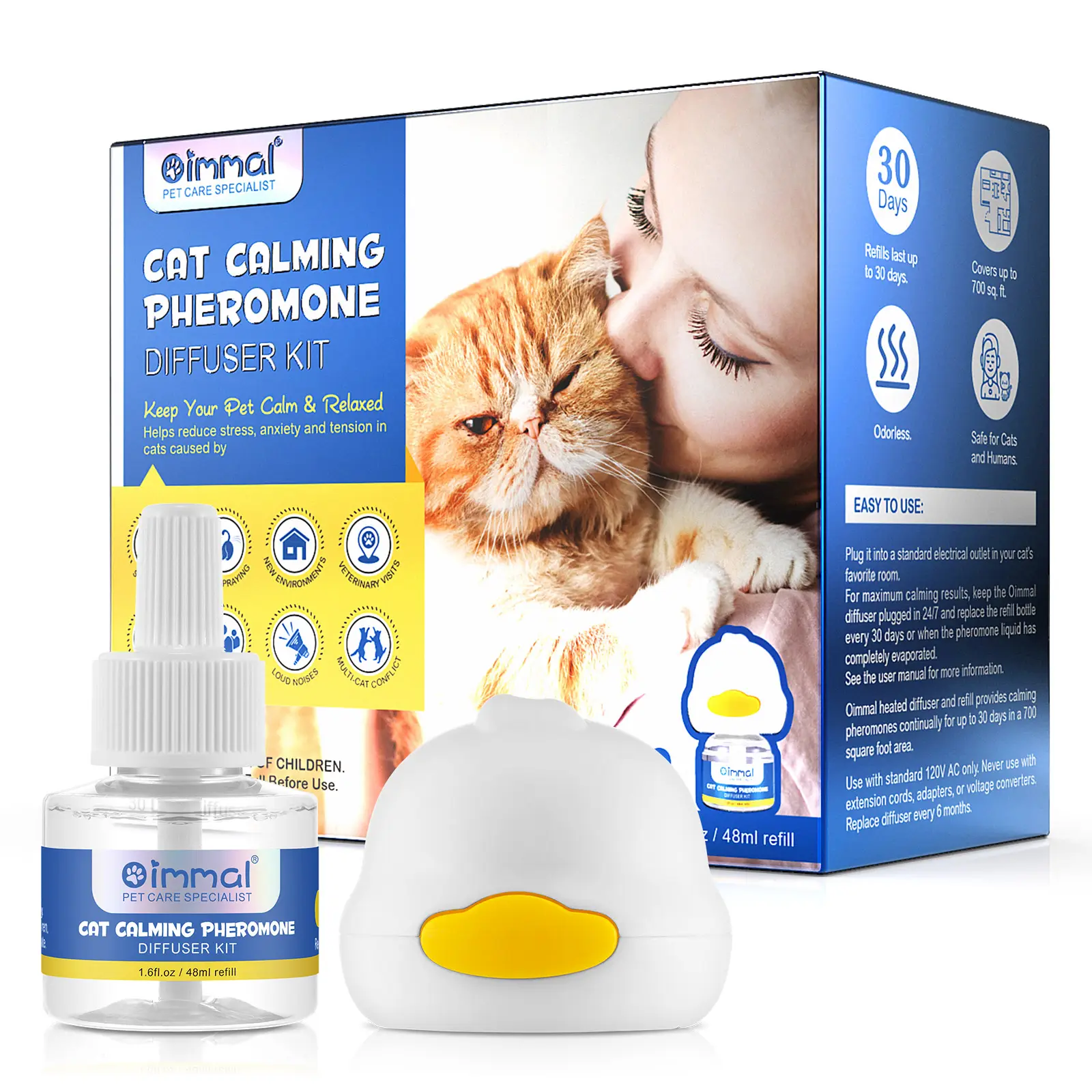 OIMMAI pet anti ansiedade natural de-stress plug-in difusor pet reforçada gato calmante feromônio difusor, gato calmante feromônio