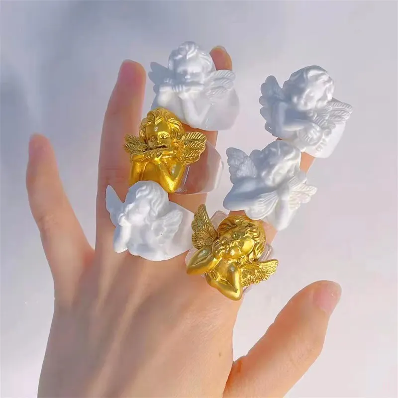 White Gold Figure Shape Girls Resin DIY Eros Cupid Sculpture Chunky Plastic Ring Angel Wings Plastic Ring