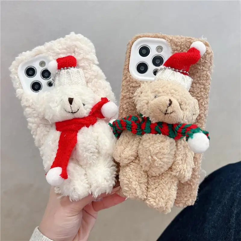 Plush cartoon Christmas bear keep warm Phone Case for iphone Xr Xs 11 12 13 14 Pro Max Cell Cover for Apple iPhone case