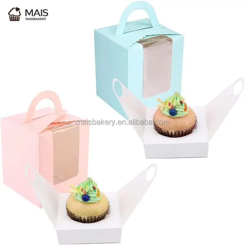 MaisBakery 베이커리 포장 머핀 케이크 용 창과 손잡이가있는 단일 파란색 컵 케이크 상자