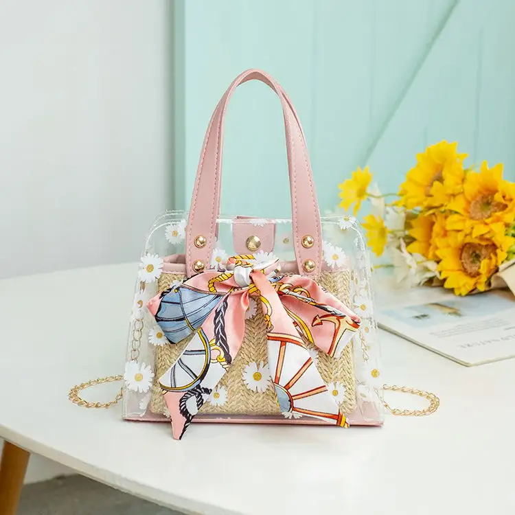 2 Pcs Wholesale Fashion Women Woven And Pvc Transparent Ladies Shoulder Bags Messenger Bag Set For Cute Girls