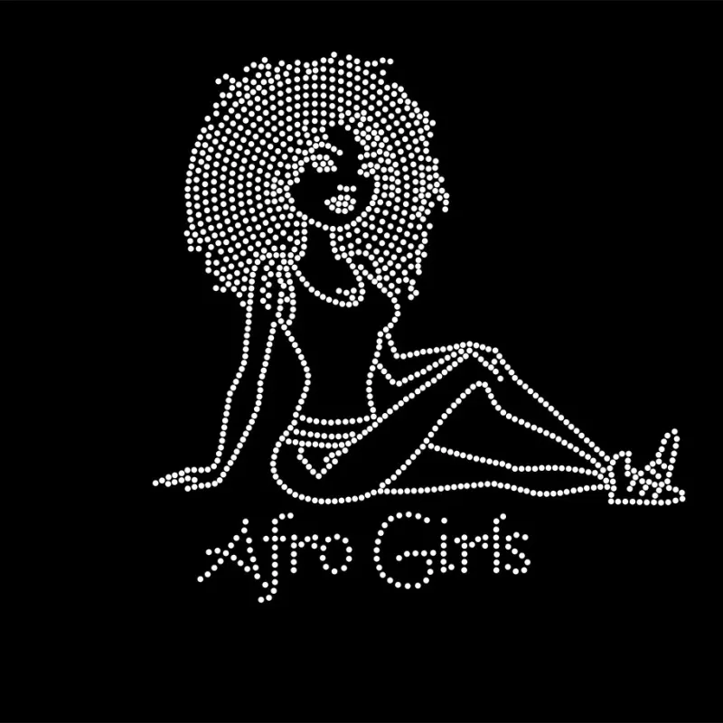 Cina produttore di cristallo afro ragazza strass disegni adesivi lampeggiante ragazza ferro su trasferimento personalizzato stampa su t-shirt