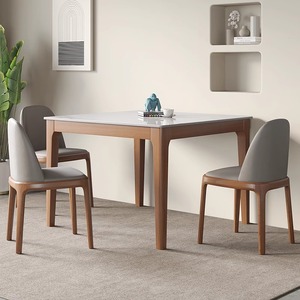 Set Meja Makan Persegi Batu Putih Modern 4 Kursi Meja Dapur dengan Kaki Kayu Perabot Rumah Set Restoran - Product Image 6