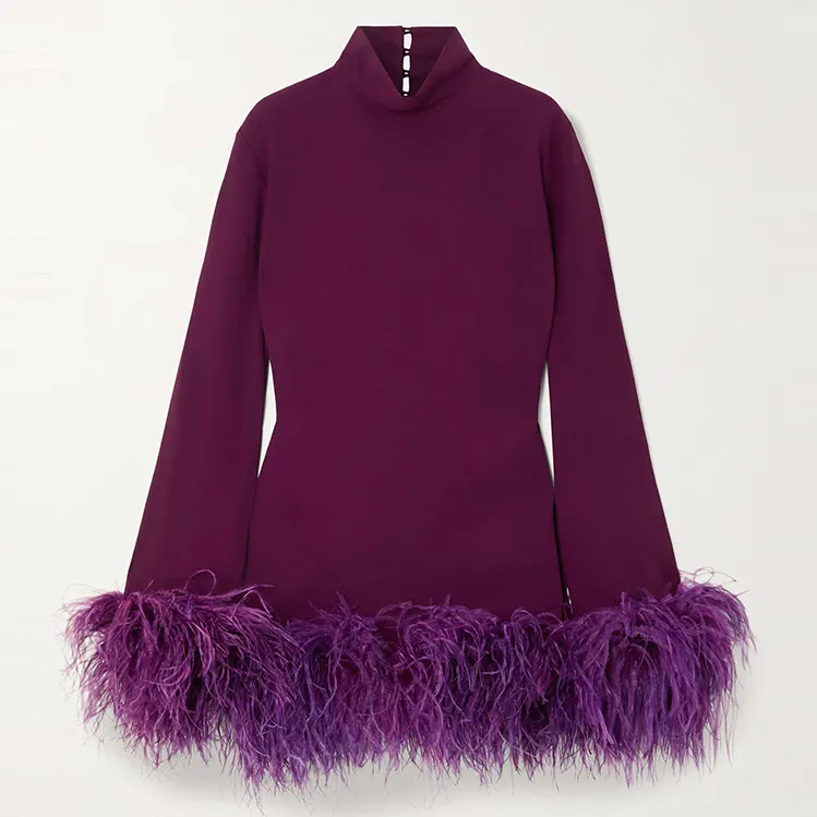 Usine personnalisé OEM dame élégante violet à manches longues automne découpé femmes Mini robe avec garniture en plumes d'autruche