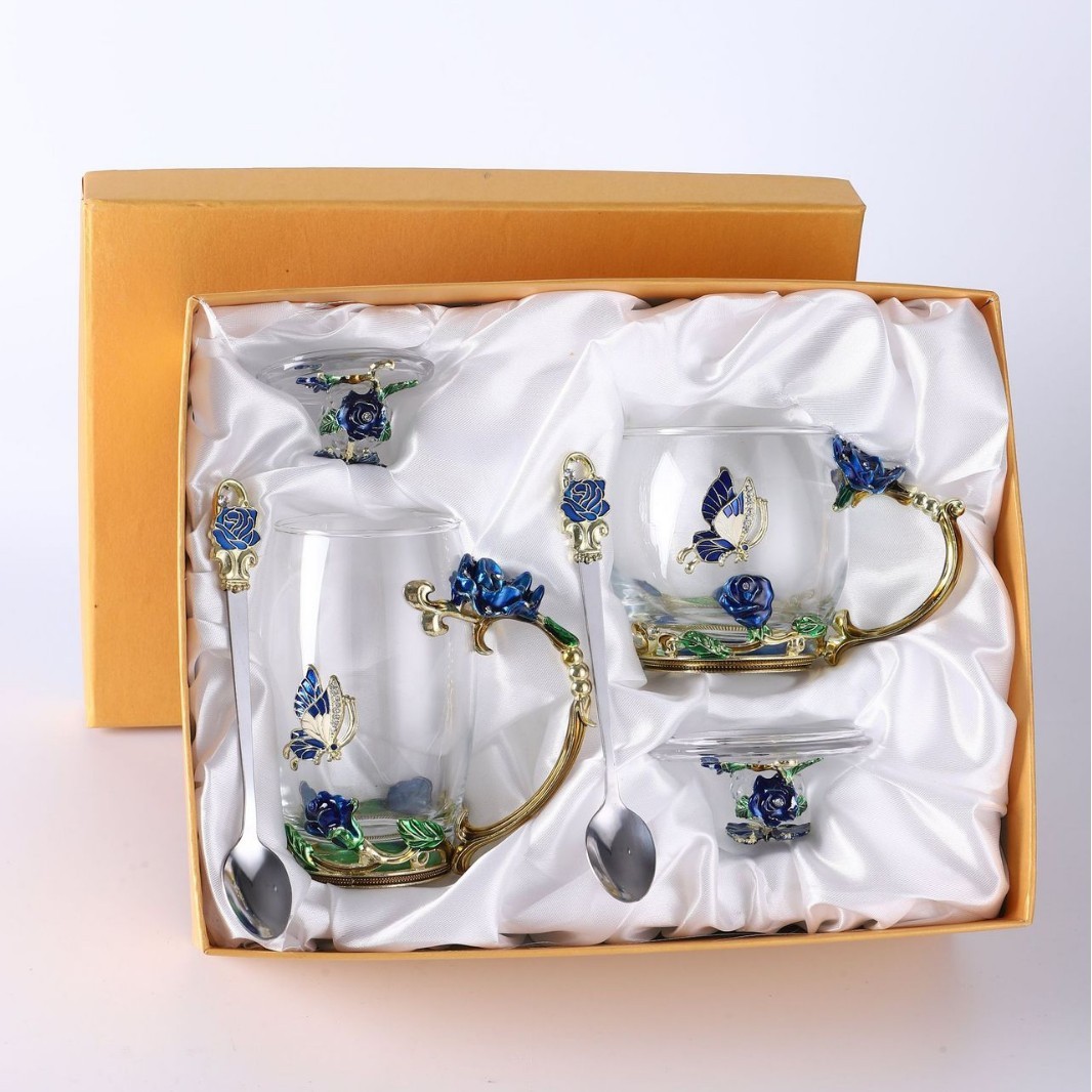 Juego de tazas altas y bajas Blue Rose 2 cucharas + 2 tapas (caja de regalo)