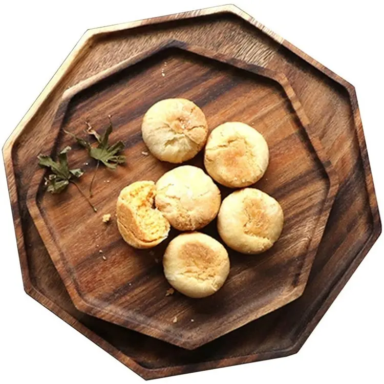 Conjunto de 2 bandejas de madeira octogon, conjunto de bandeja quadrada de acácia com servidor de pão, bandeja de madeira