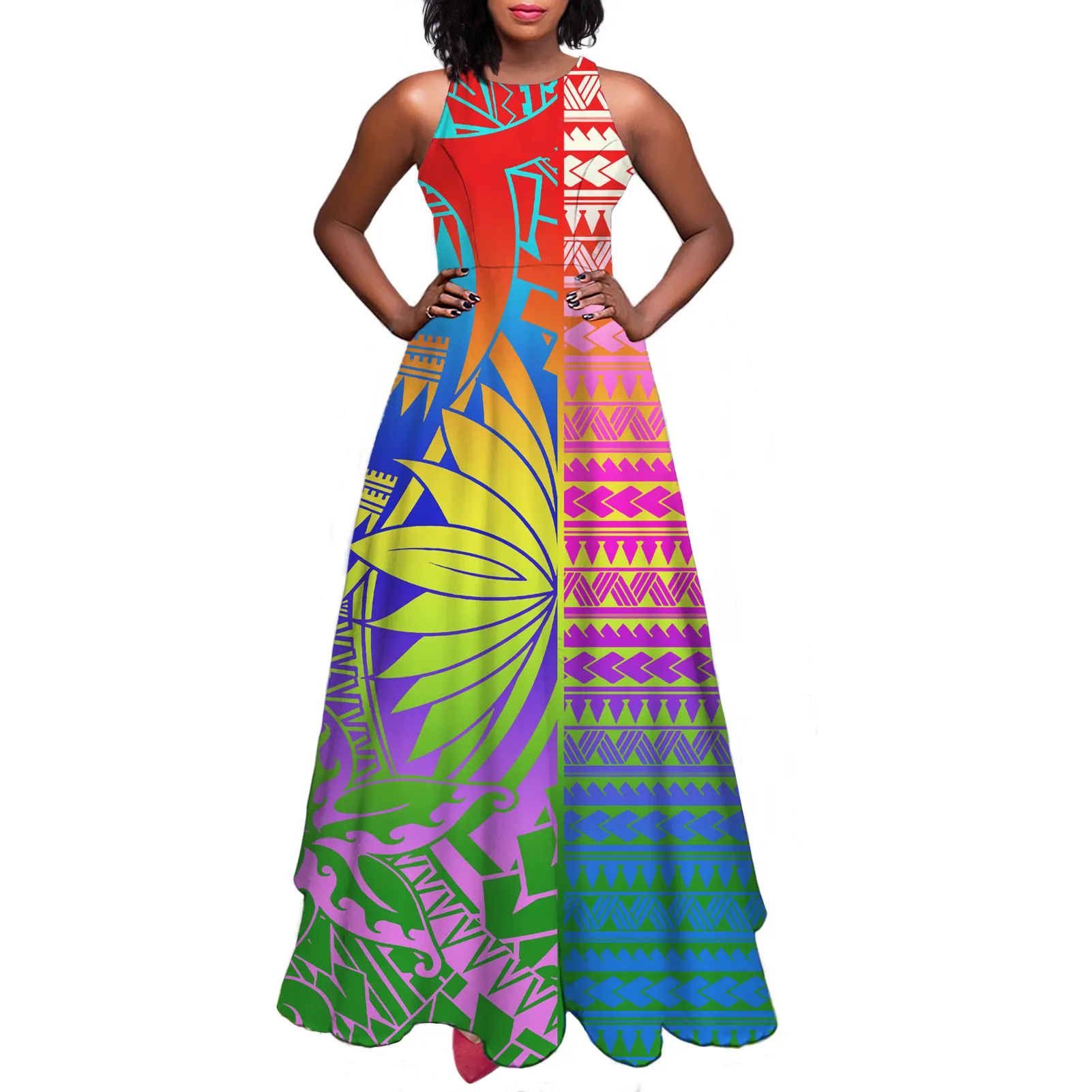 Vestido sling polynesian sem mangas, estampa colorida tribais feminino personalizado casual elegante pano