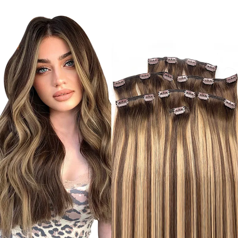 Clip in Long Extension de Cheveux Humains 10-26 Pouces 1-7pcs Balayage Brun Foncé à Châtaigne Postiches Doux Double Trame Extension de Cheveux