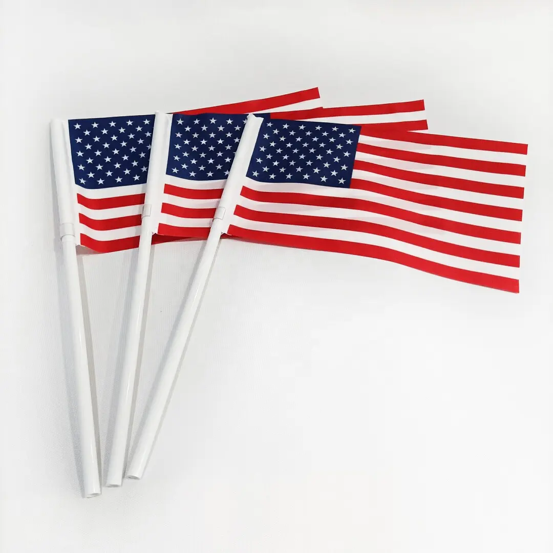 Direktverkauf ab Werk amerikanische Flagge 20 cm × 30 cm Nationalflagge und Polyester-Digitaldruck individuelle Handflagge 36 cm PVC-Flaggenstange