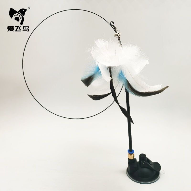 Jouet pour chat à ventouse standard 62 plumes blanc et bleu (détachable)