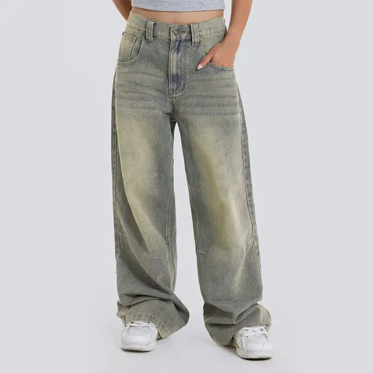 กางเกงยีนส์แฟชั่นขากว้างสำหรับผู้หญิงกางเกงยีนส์ผ้าฝ้ายฟอกสีกรด