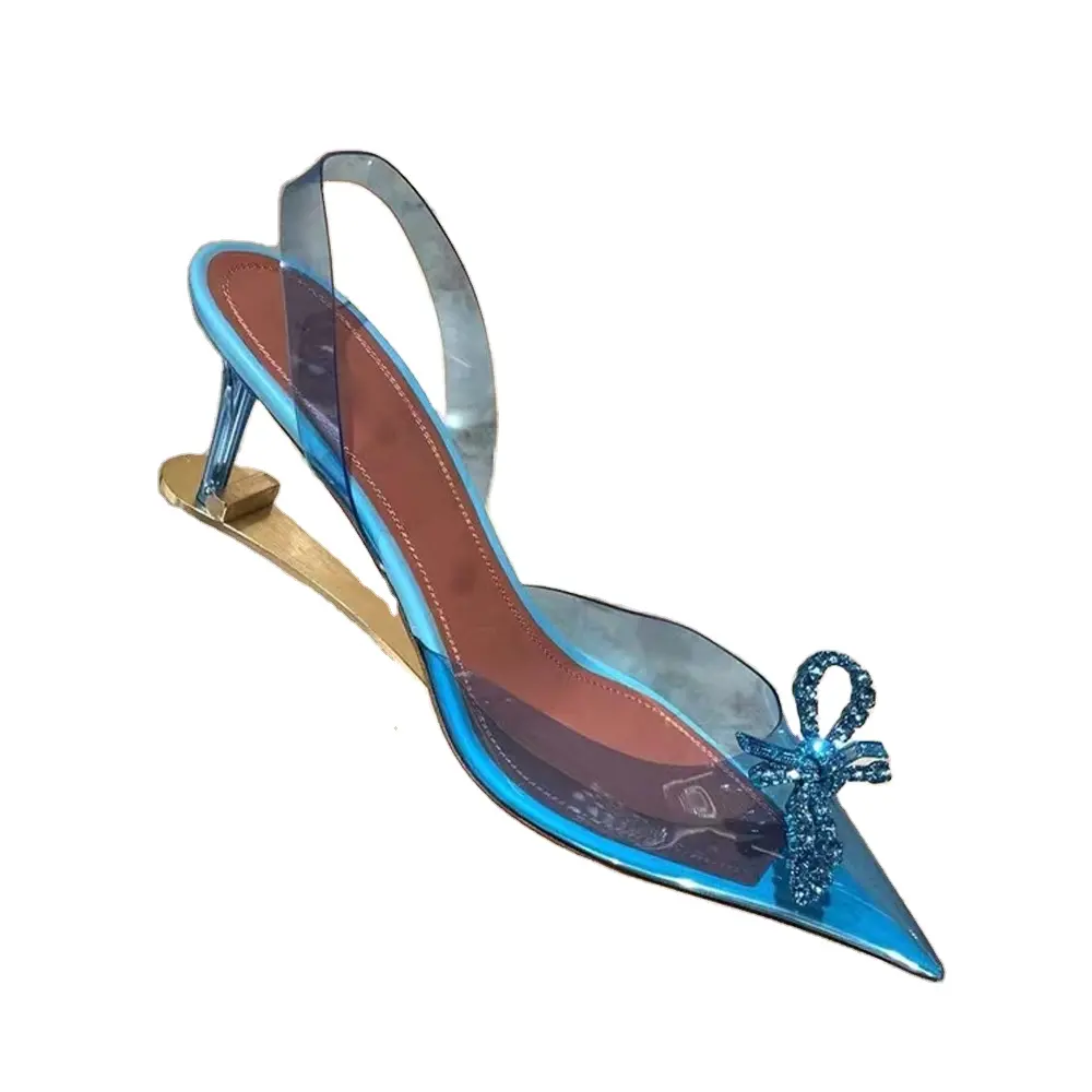 Haut de gamme luxe clair PVC strass nœud papillon bout pointu strass femmes talon sandales nom marques sandales