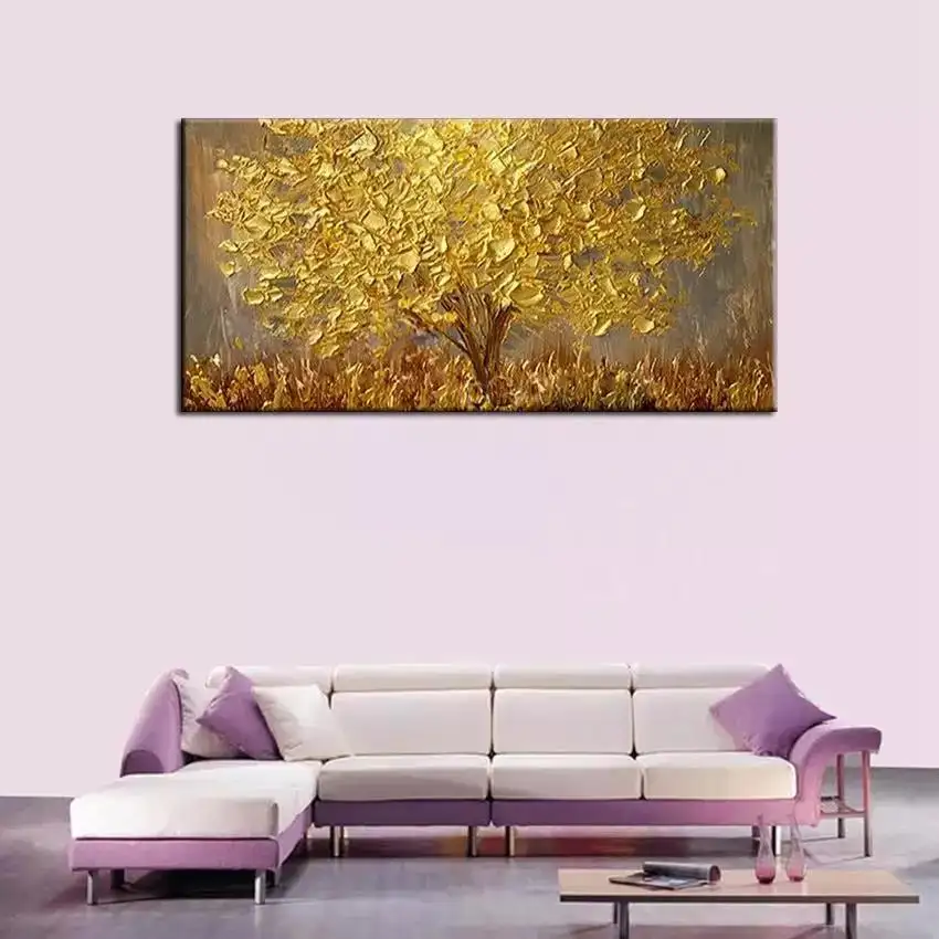 100% Hand Painted Large Palette 3D Knife Gold Tree Painting Modern Landscape Oil Painting On Canvas