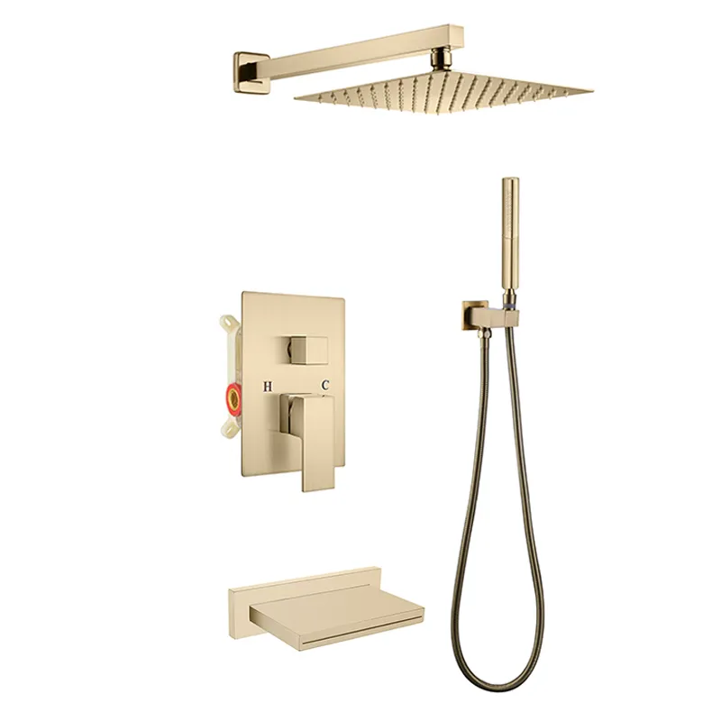 Gebürstetes Gold Luxus Zeitgenössische Dusche In-Wall Niederschlag Badezimmer Dusche Set 3 Wege Heiß-und Kalt dusch system
