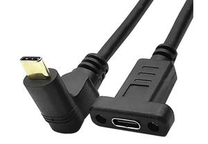 USB C Type-C公对母延伸数据电缆90度直角，镀金，面板安装螺丝孔10Gbps
