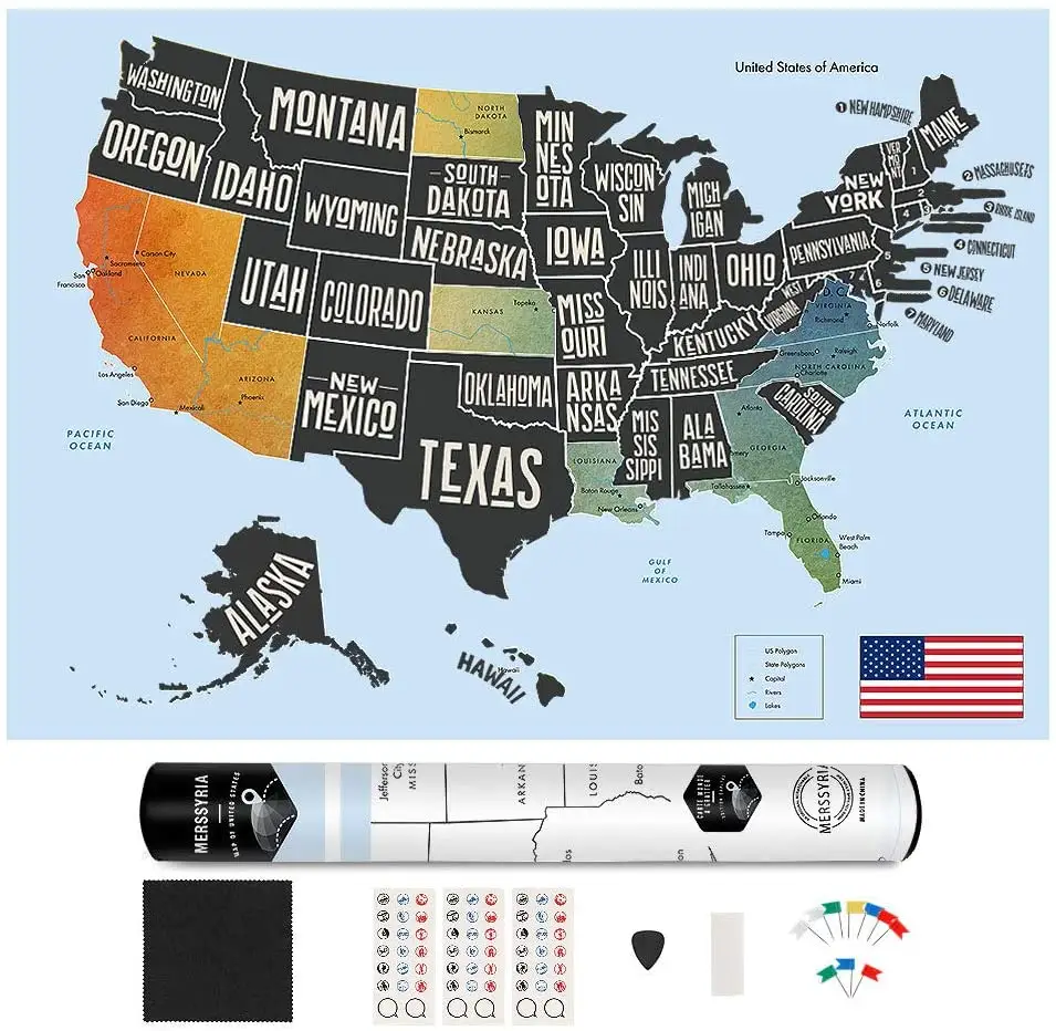 ملصق خريطة من رقاقات الخدش باللون الأسود بتصميم من صانعي القطع الأصلية ، ملصق خدوش لخريطة السفر ، خريطة سفر عالية الجودة بتصميم أمريكي