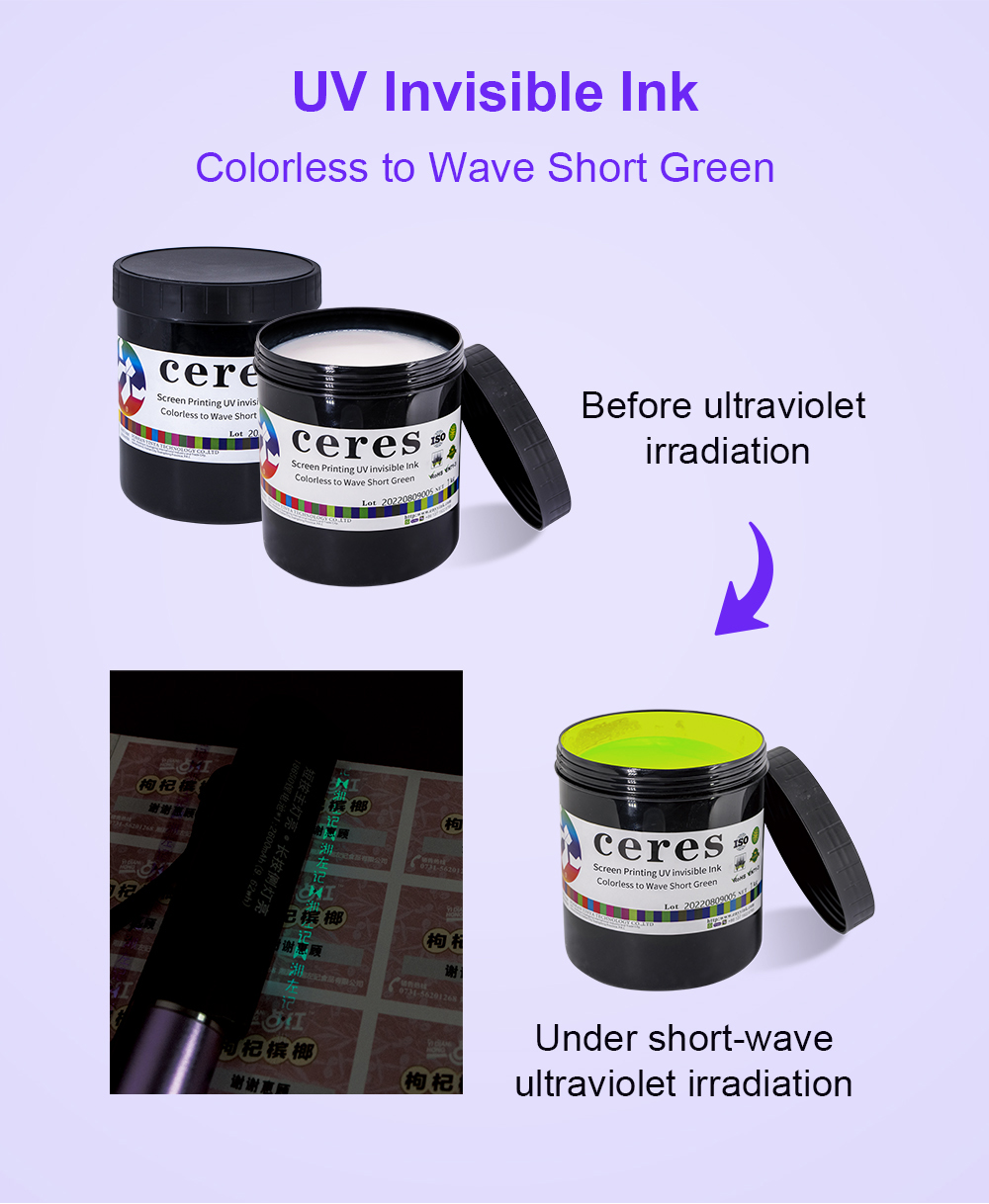High quality Screen  UV invisible ink for Screen  printing, color green Nature Dry
