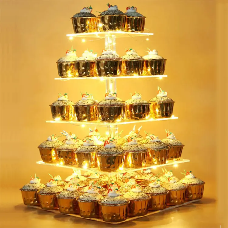 Gebak Stand 5 Tier Acryl Vierkante Cupcake Display Stand Met Led Verlichting Dessert Cake Tree Tower Voor Verjaardag Wedding Party