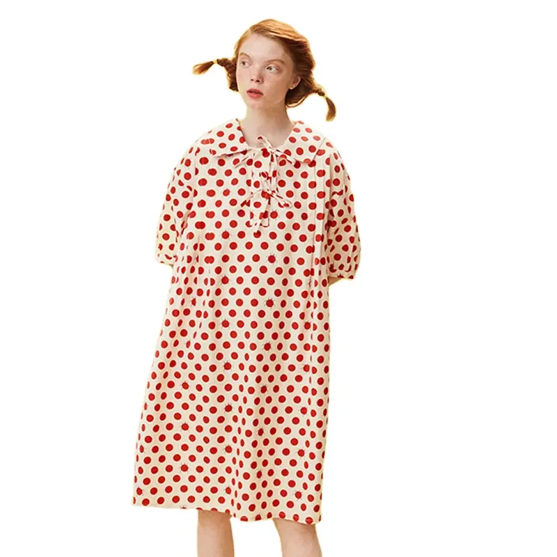 Damen Sommerkleider Original Nische Design Seemannkragen Kurzarm Baumwolle rote Punkte bedruckt weiß Teenager Mädchen lockere Kleider