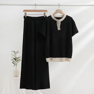 Ekip boyun kısa kollu gevşek kazak renk engelleme örgü Women kadınlar için iki parçalı eşleştirme kıyafetler - Product Image 3