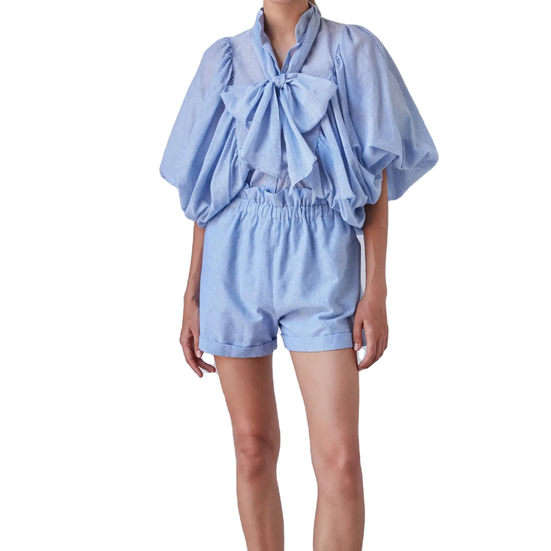 Conjunto de tecido de linho bolha, meia manga, camisetas e shorts soltos, duas peças, para mulheres, verão, 2023