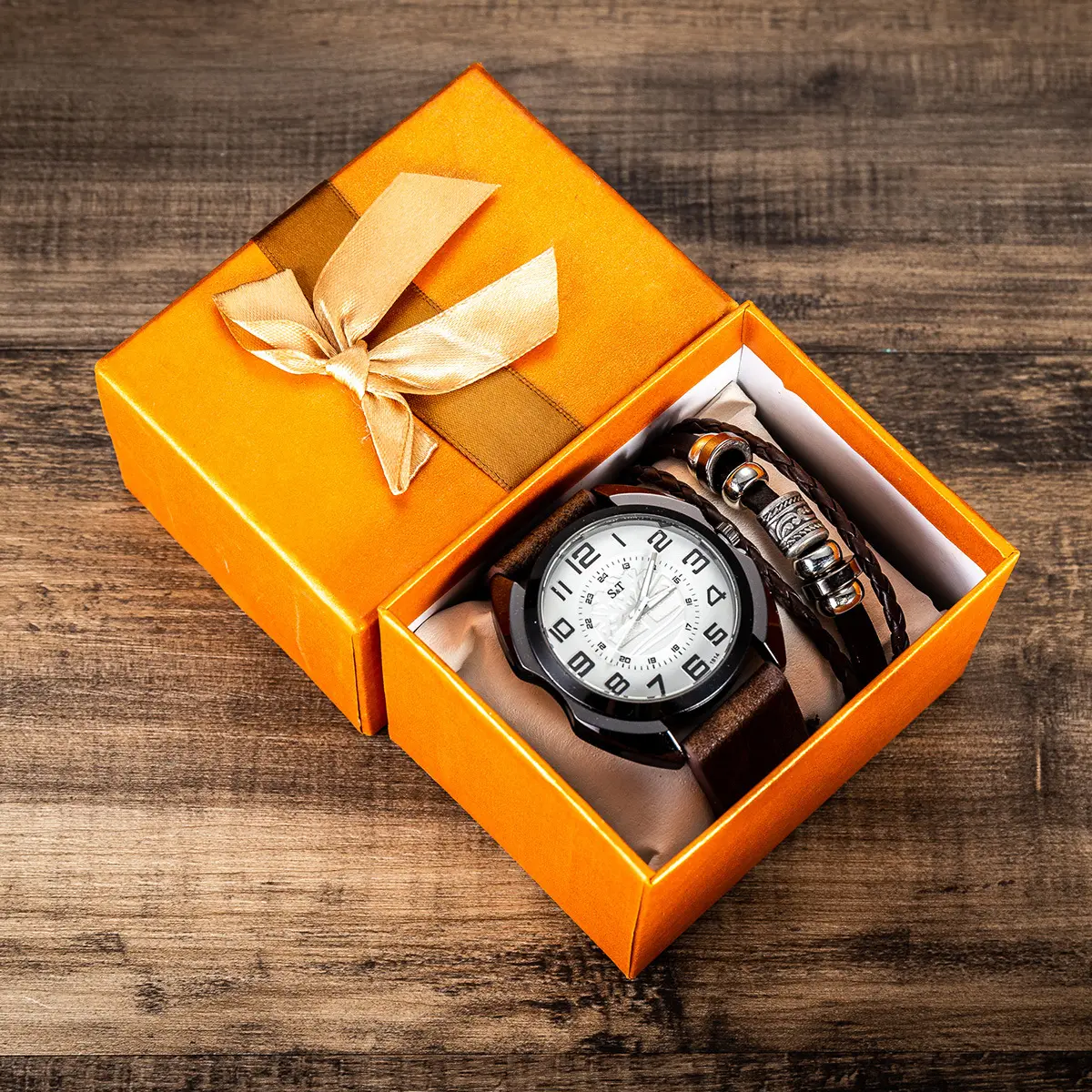 2 unids/set hombres pulsera reloj caja de regalo de moda correa de cuero relojes de pulsera de cuarzo, reloj Casual de hombre pulseras regalos para mí