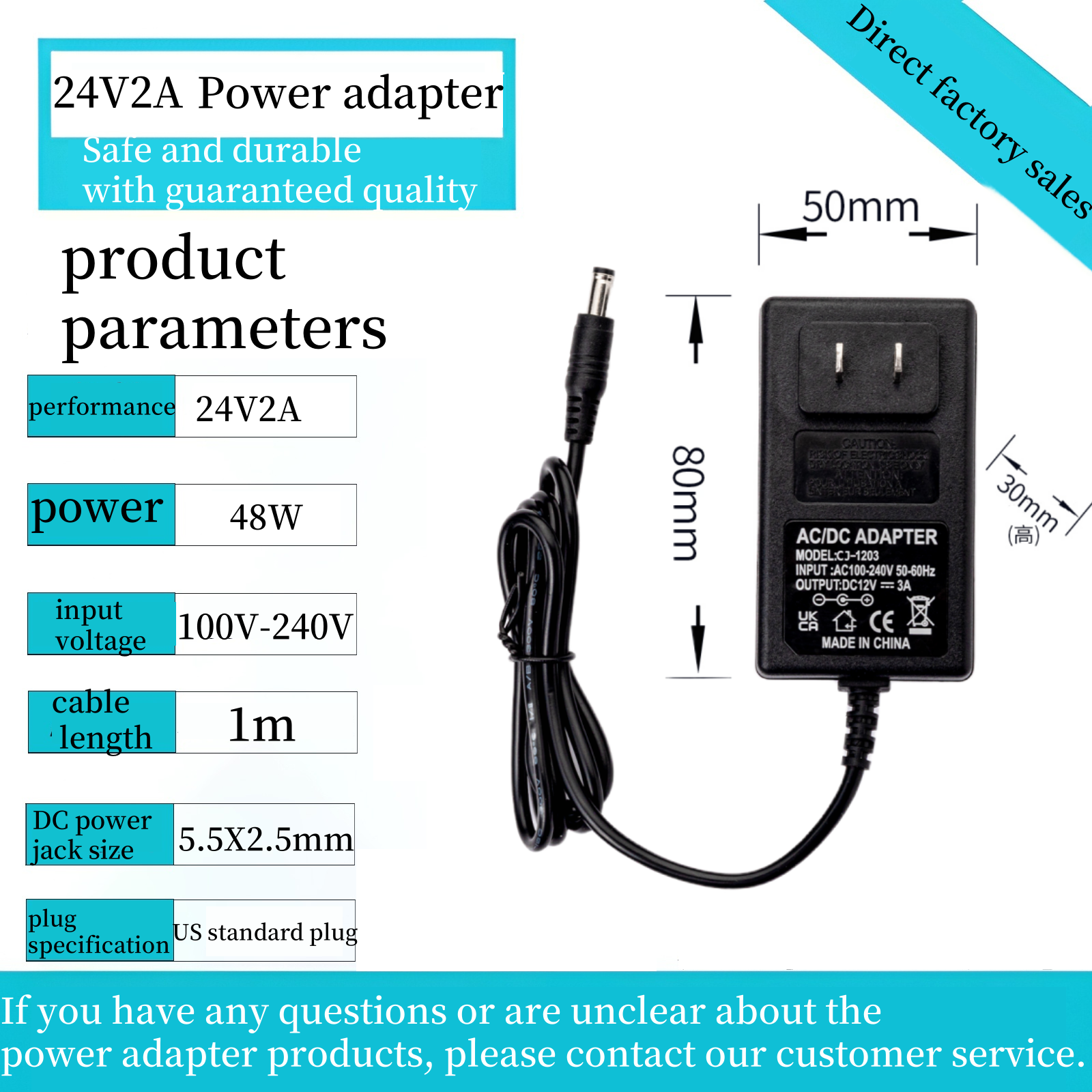 24V2A 1m câble DC5.5X2.5mm Plug In