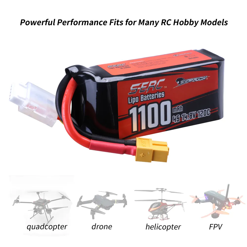 SUNPADOW 4S Lipo baterai 14.8V 1100mAh 120C XT60 Plug untuk RC FPV Drone pesawat Quadcopter 2 paket