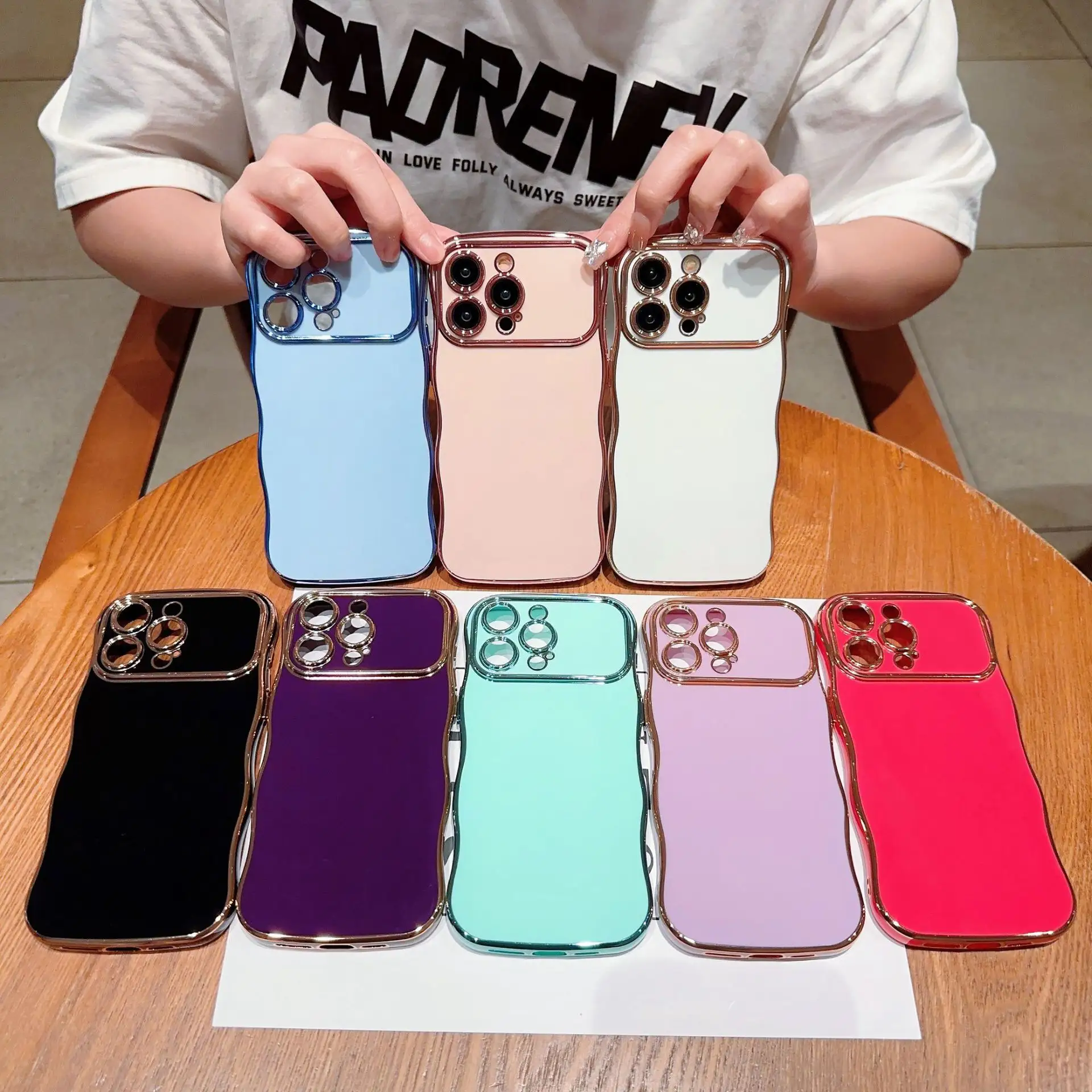 Casing ponsel IPhone 15 pro Max, casing pelindung lembut warna polos 13 jendela besar berlapis elektro berombak