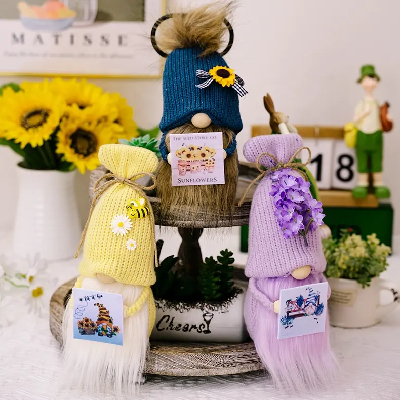 Décorations de Gnomes d'été Chapeau tricoté de jour d'abeille Tenant le tissu Marque Rudolph Doll Summer Farmhouse Elf Dwarf Ornaments