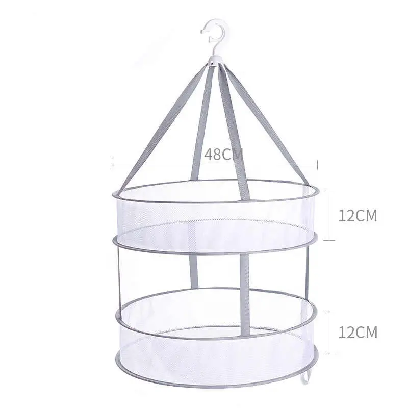 Grey Double-Layer Clothes Drying Net Collapsible Windproof Clothes Basket Polyester Breathable Dry Socks Drying Rack Laundry Rac