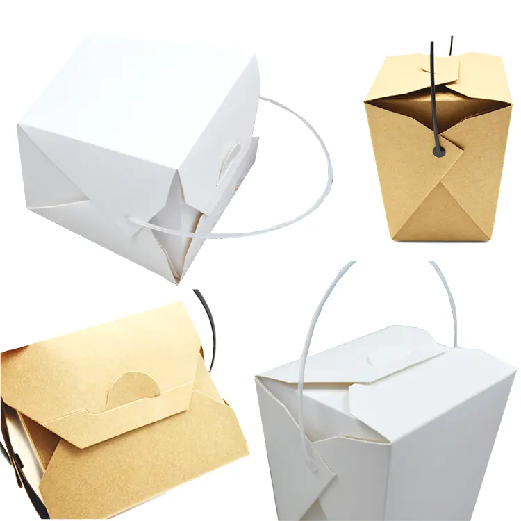 Contenedor desechable de papel Kraft blanco para alimentos, caja de fideos chinos con material duradero de grado alimenticio