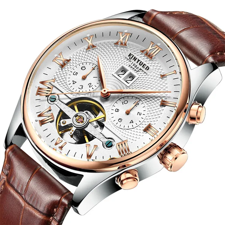 นาฬิกาข้อมือ Reloj หรูหราของผู้ชาย,นาฬิกากลไกอัตโนมัติทำจากหนังแนวสปอร์ตกันน้ำได้พร้อมกล่อง