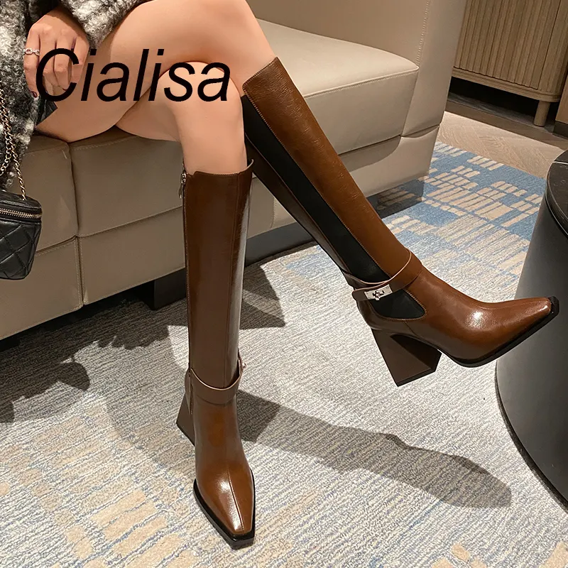 Cialisa – bottes à talons hauts, fait à la main, Sexy, Triangle, talons épais, bottes hautes avec fermeture éclair pour femmes