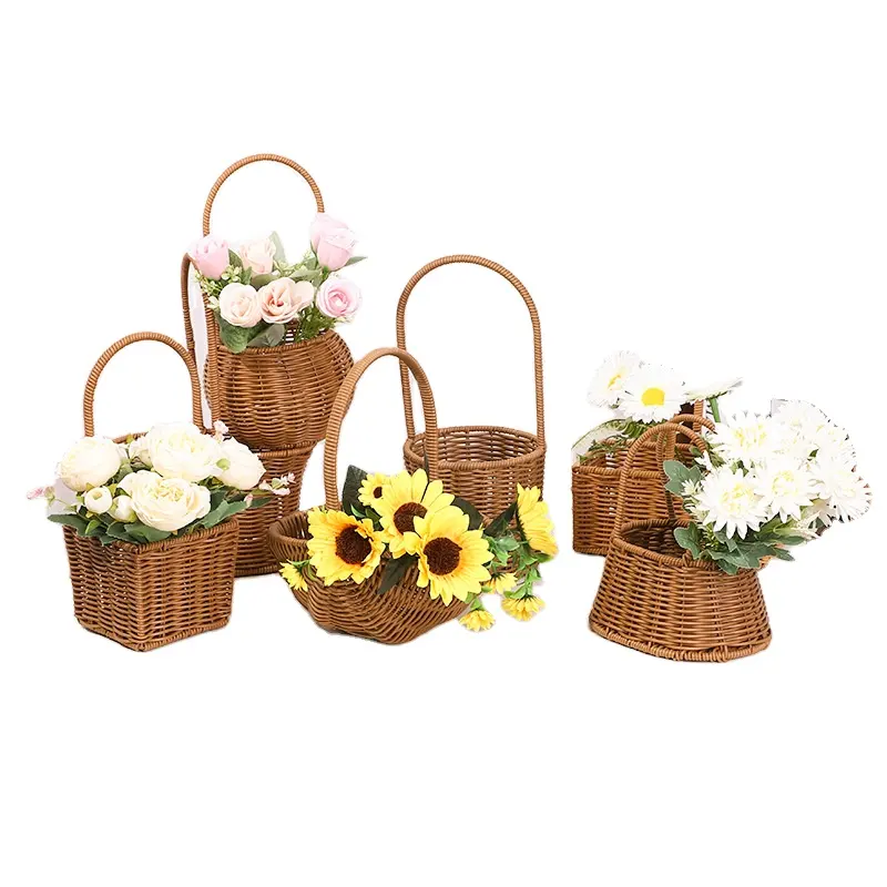 Home Garden Decor Easter Eggs Candy Storage Basket Wedding Flower Girl Willow Handwoven Straw Rattan Flower Basket with Handle