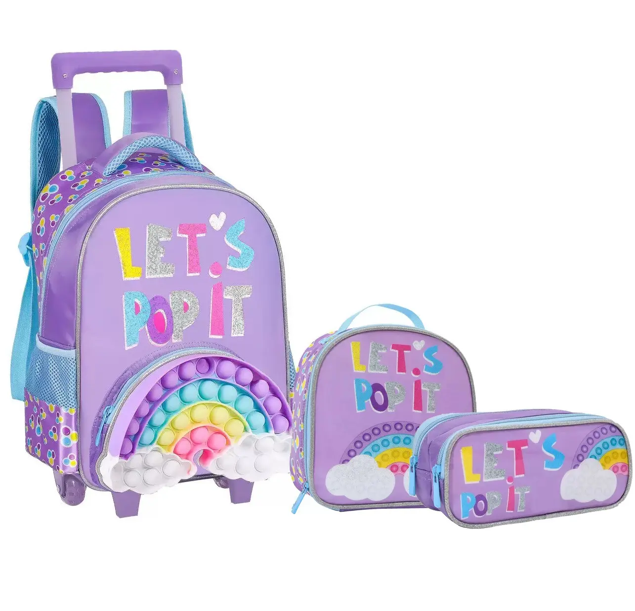 Bolsa escolar de arco-íris com novo design, conjunto de bolsa 3 em 1 com alça carrinho